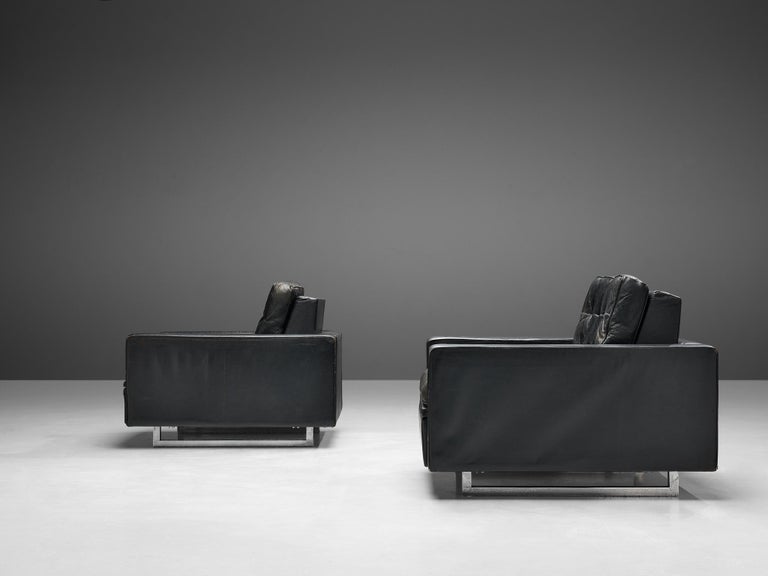 Pair of De Sede Armchairs in Black Leather and Steel