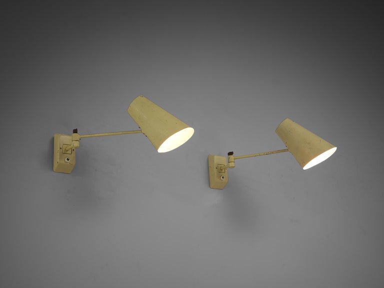 Set of Four Wall Lights in Pale Yellow Lacquered Metal