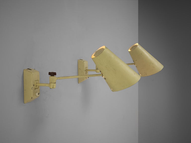 Set of Four Wall Lights in Pale Yellow Lacquered Metal