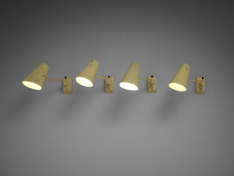 Set of Four Wall Lights in Pale Yellow Lacquered Metal