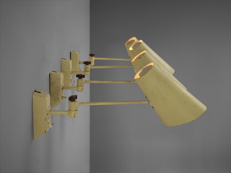 Set of Four Wall Lights in Pale Yellow Lacquered Metal