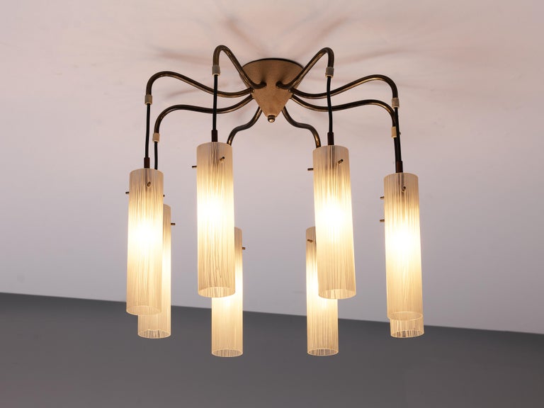 Chandelier in Brass and Glass Tubular Shades