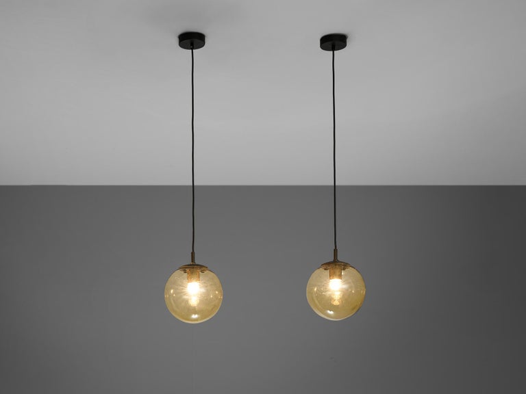 RAAK Pendants in Honey Yellow Tinted Glass and Brass