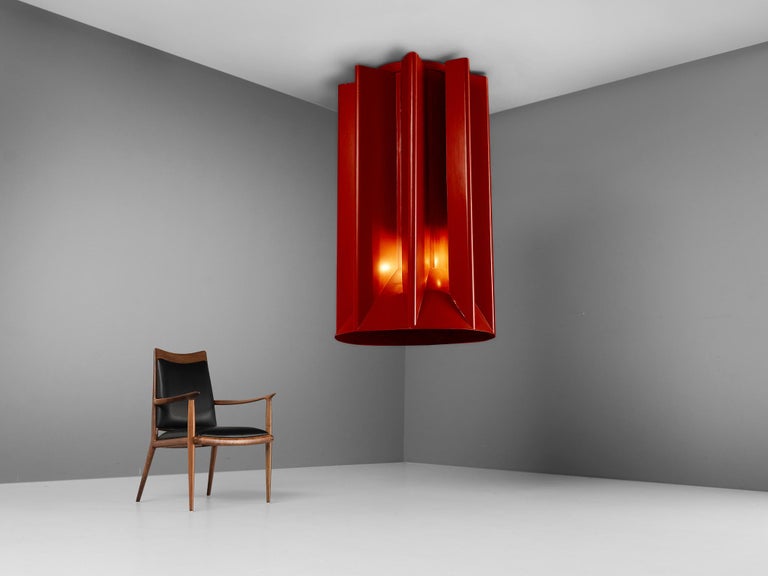 Sculptural Chimney in Burgundy Red Steel with Integrated Lights