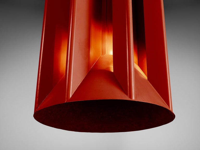 Sculptural Chimney in Burgundy Red Steel with Integrated Lights