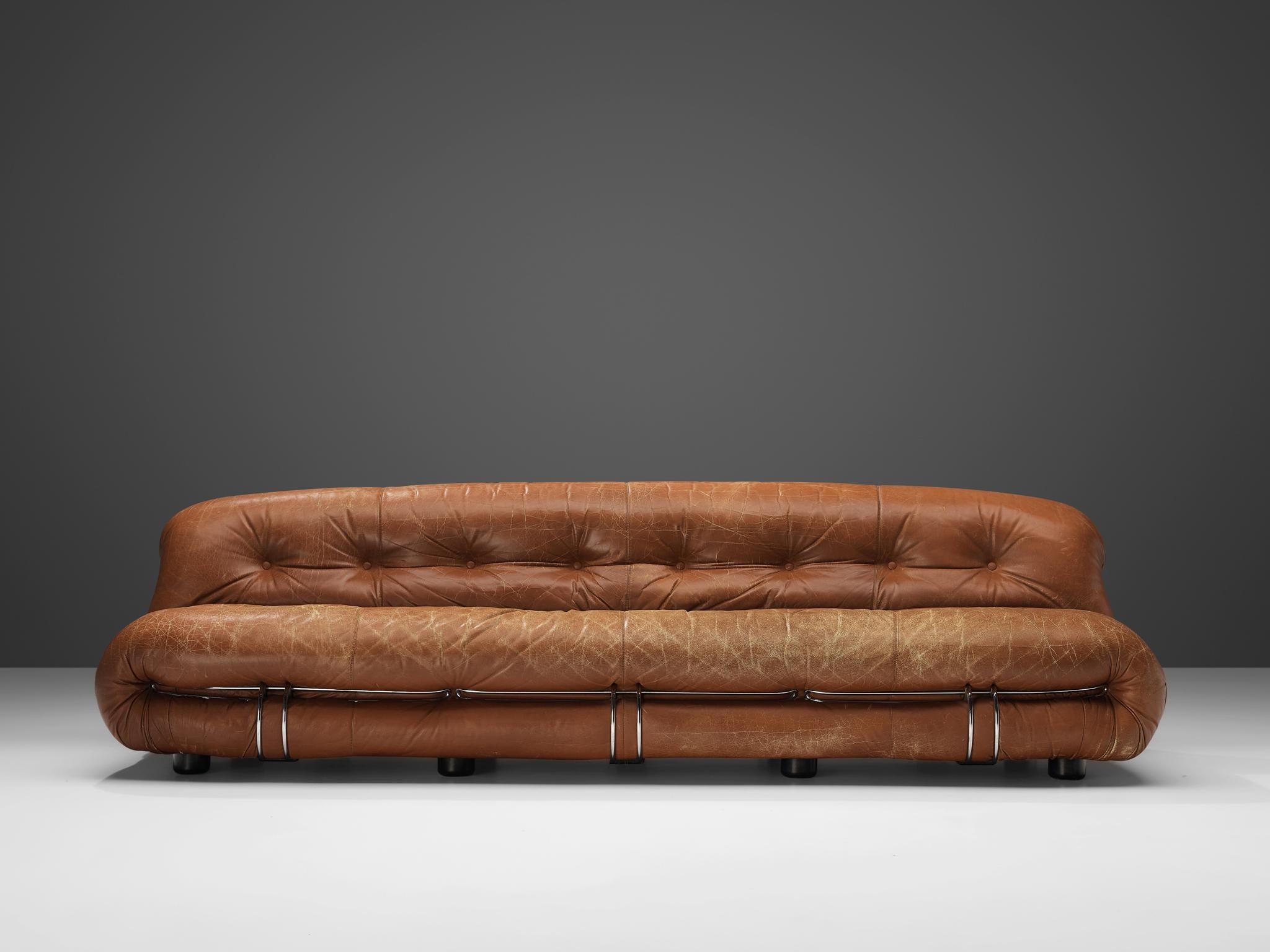 Afra & Tobia Scarpa 'Soriana' Sofa in Patinated Brown Leather