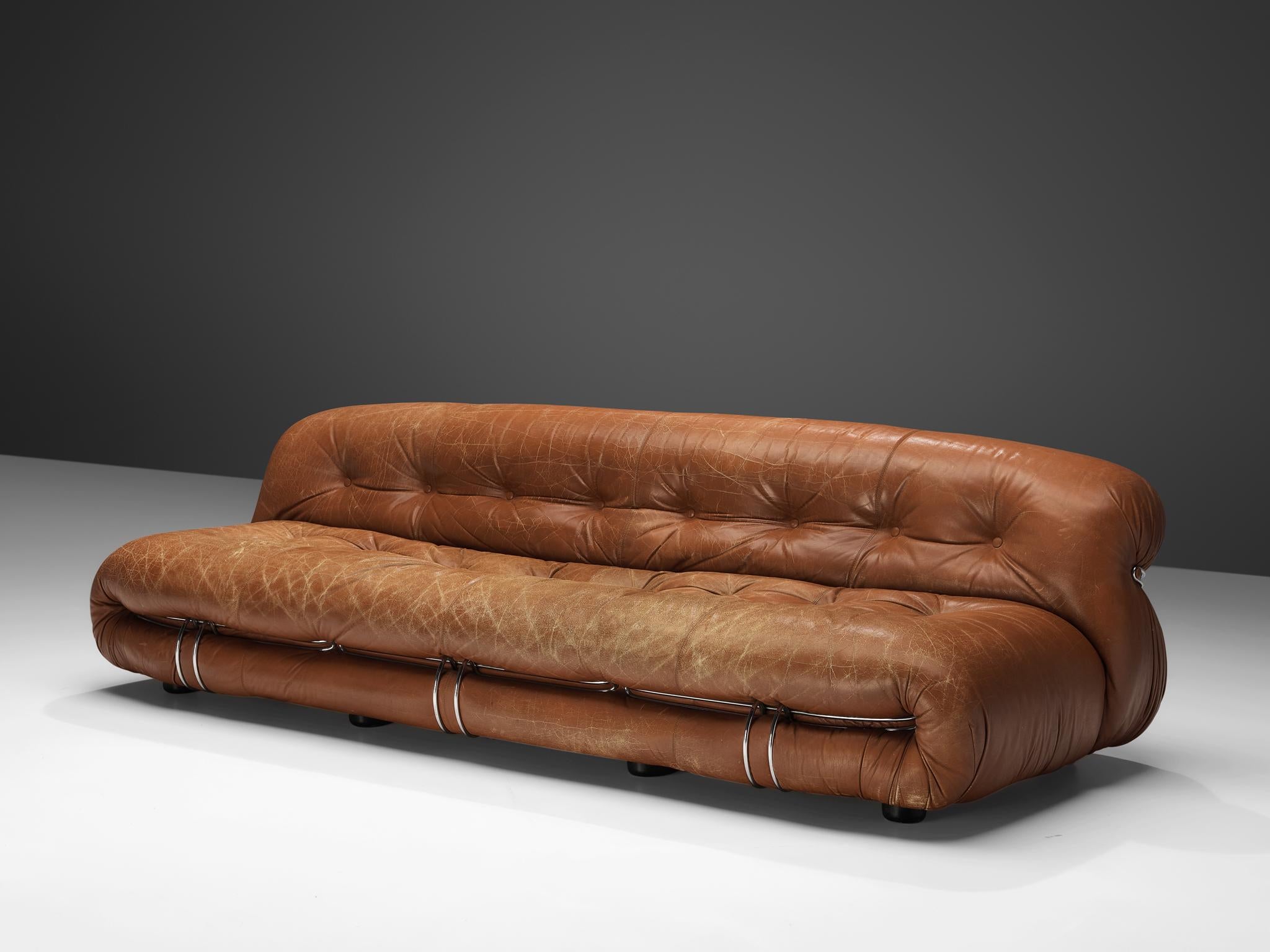 Afra & Tobia Scarpa 'Soriana' Sofa in Patinated Brown Leather