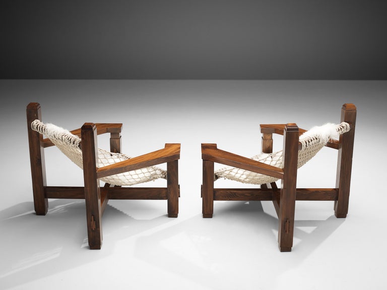 Large Italian Lounge Chair in Stained Pine and Rope Seating