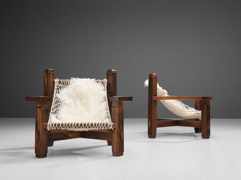 Large Italian Lounge Chair in Stained Pine and Rope Seating