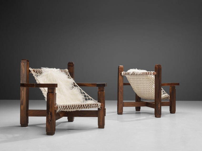 Large Italian Lounge Chair in Stained Pine and Rope Seating