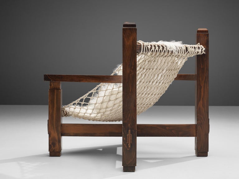 Large Italian Lounge Chair in Stained Pine and Rope Seating