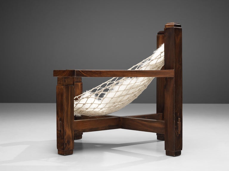 Large Italian Lounge Chair in Stained Pine and Rope Seating