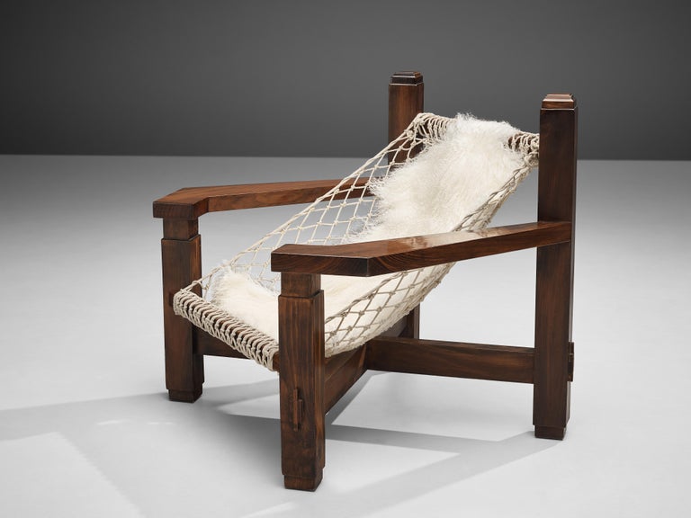 Large Italian Lounge Chair in Stained Pine and Rope Seating