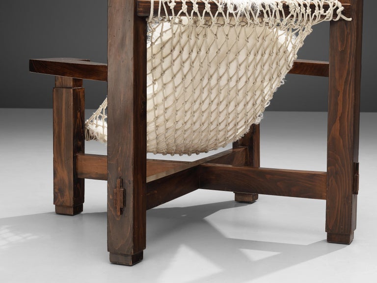 Large Italian Lounge Chair in Stained Pine and Rope Seating