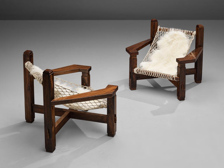 Large Italian Lounge Chair in Stained Pine and Rope Seating