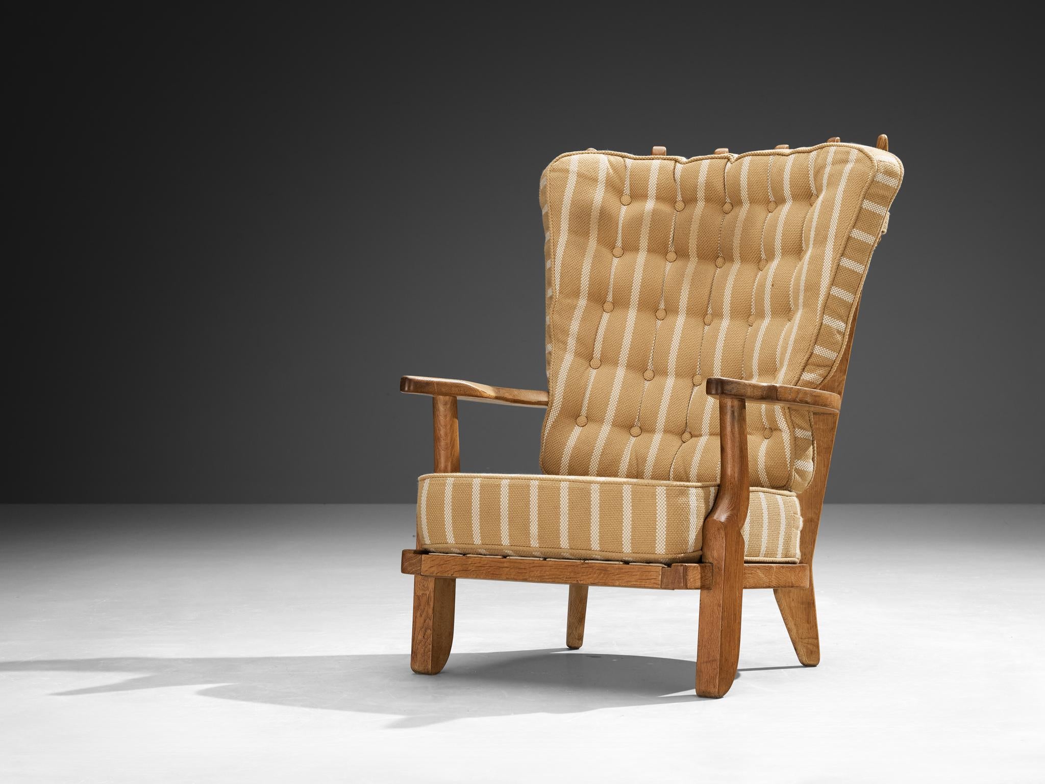 Guillerme & Chambron 'Grand Repos' Lounge Chair in Striped Beige Upholstery
