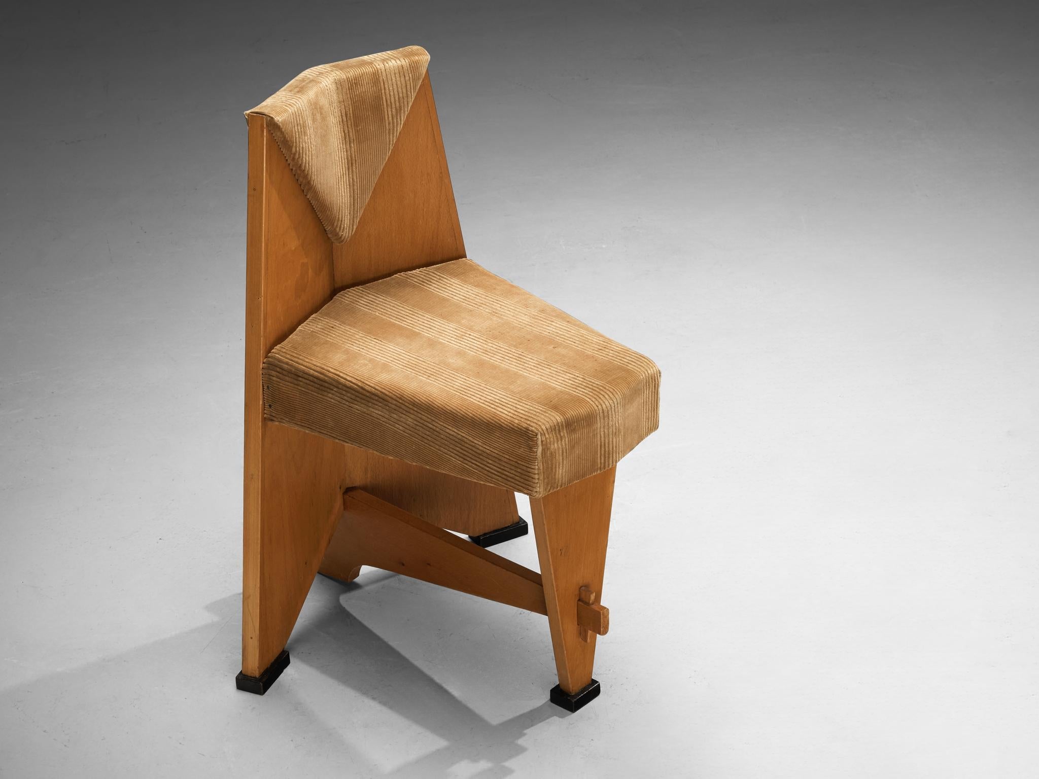 Laurens Groen Art Deco Side Chair in Birch and Beige Corduroy Velvet 1920s