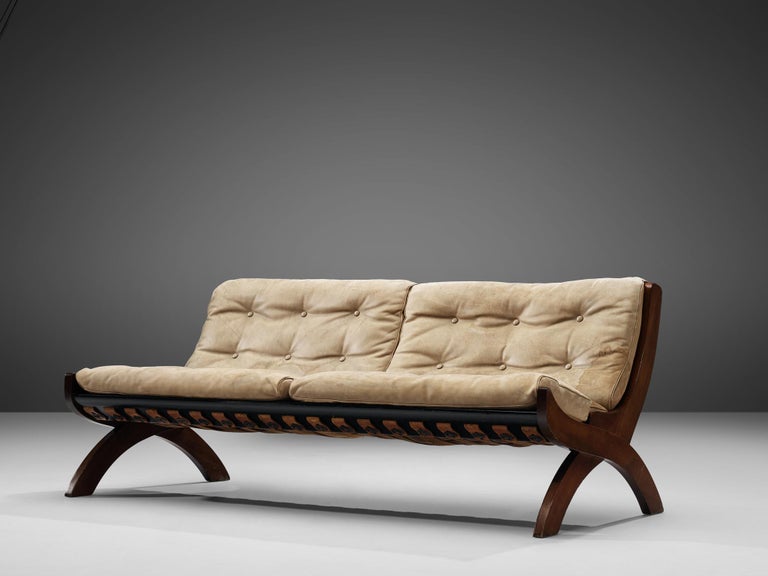 Marco Comolli Sofa in Walnut and Taupe Leather