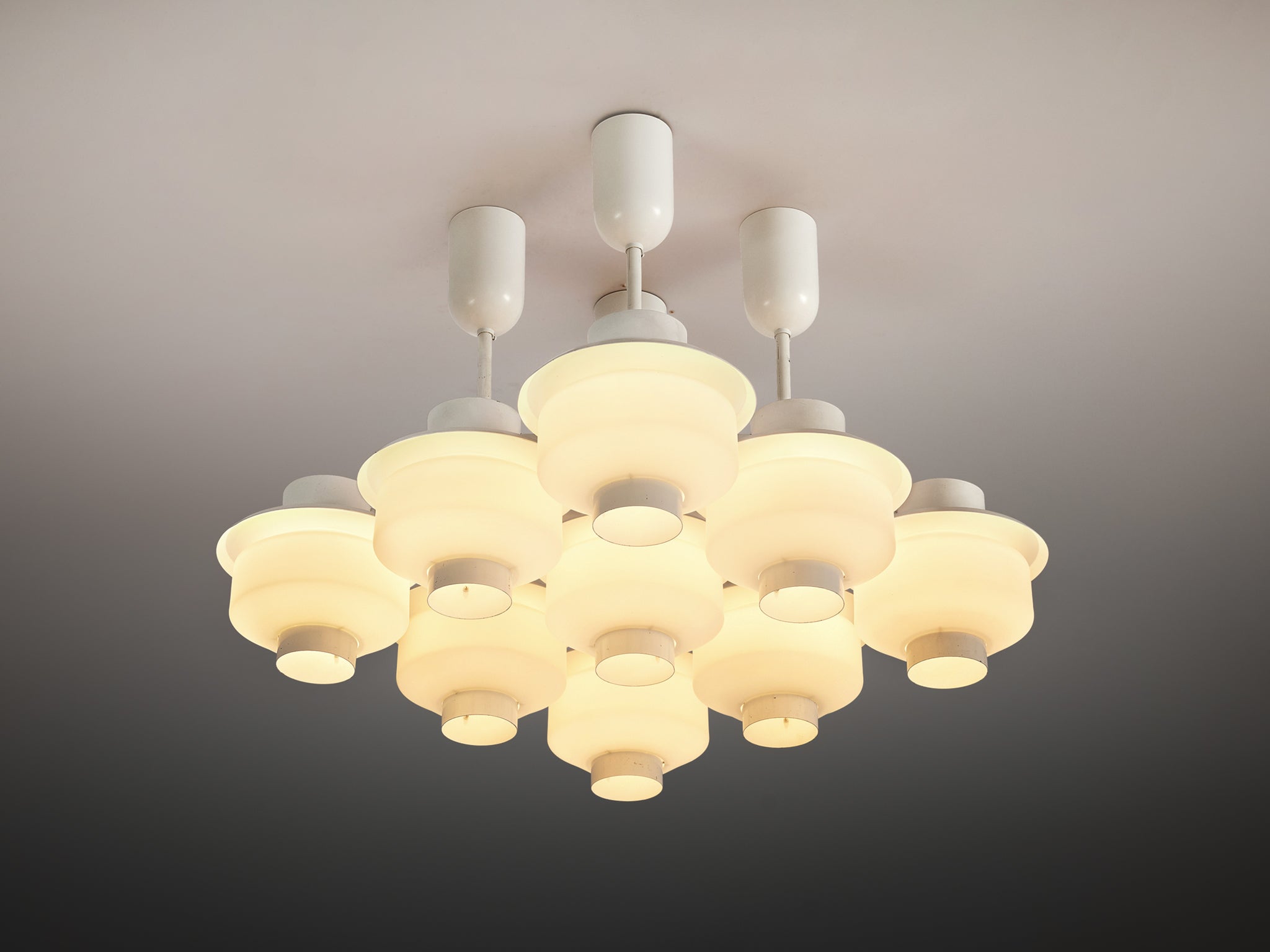 Paavo Tynell for Idman Rare Chandelier in White Steel and Opaline Glass