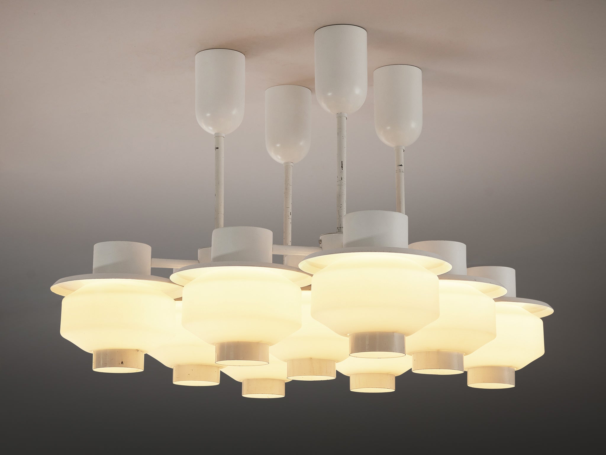 Paavo Tynell for Idman Rare Chandelier in White Steel and Opaline Glass