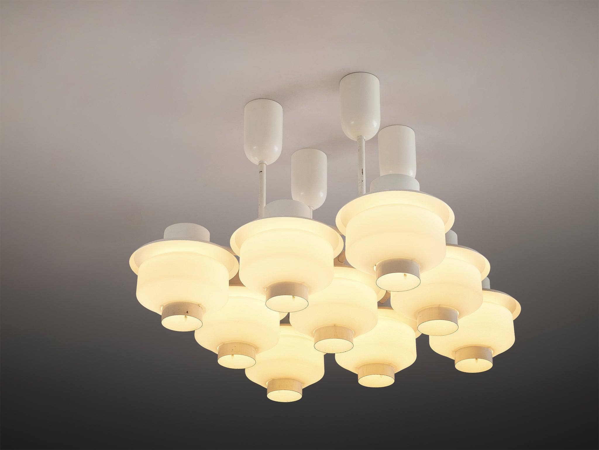 Paavo Tynell for Idman Rare Chandelier in White Steel and Opaline Glass