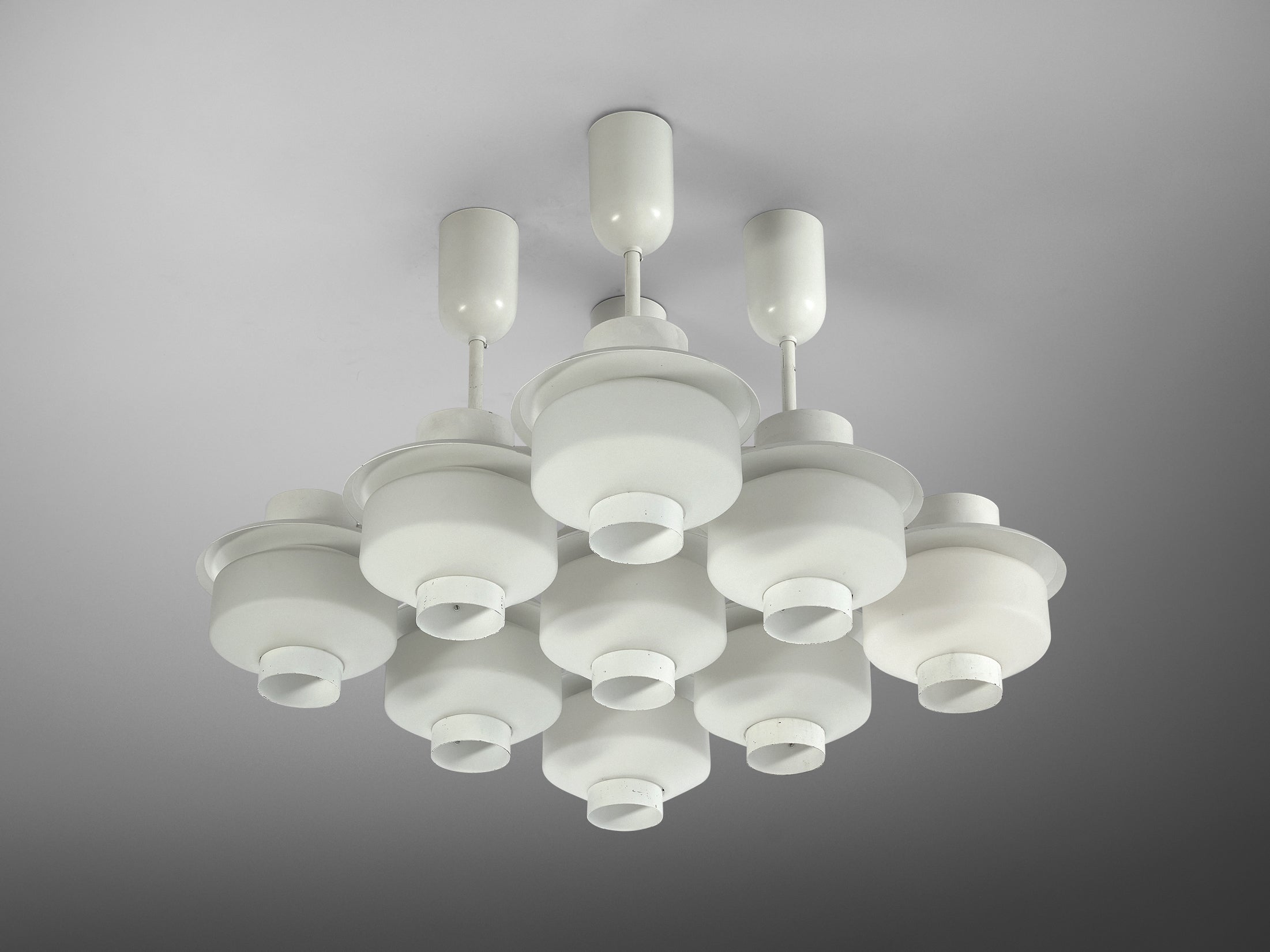 Paavo Tynell for Idman Rare Chandelier in White Steel and Opaline Glass