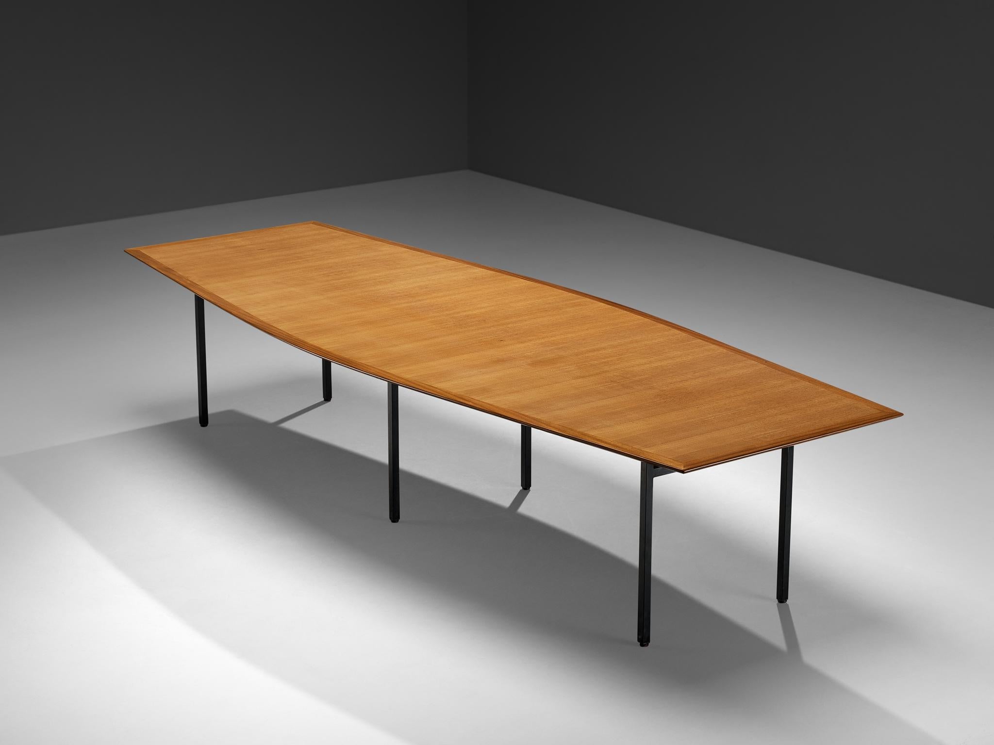 Large Florence Knoll Boat Shaped Conference Table in Teak and Metal Frame