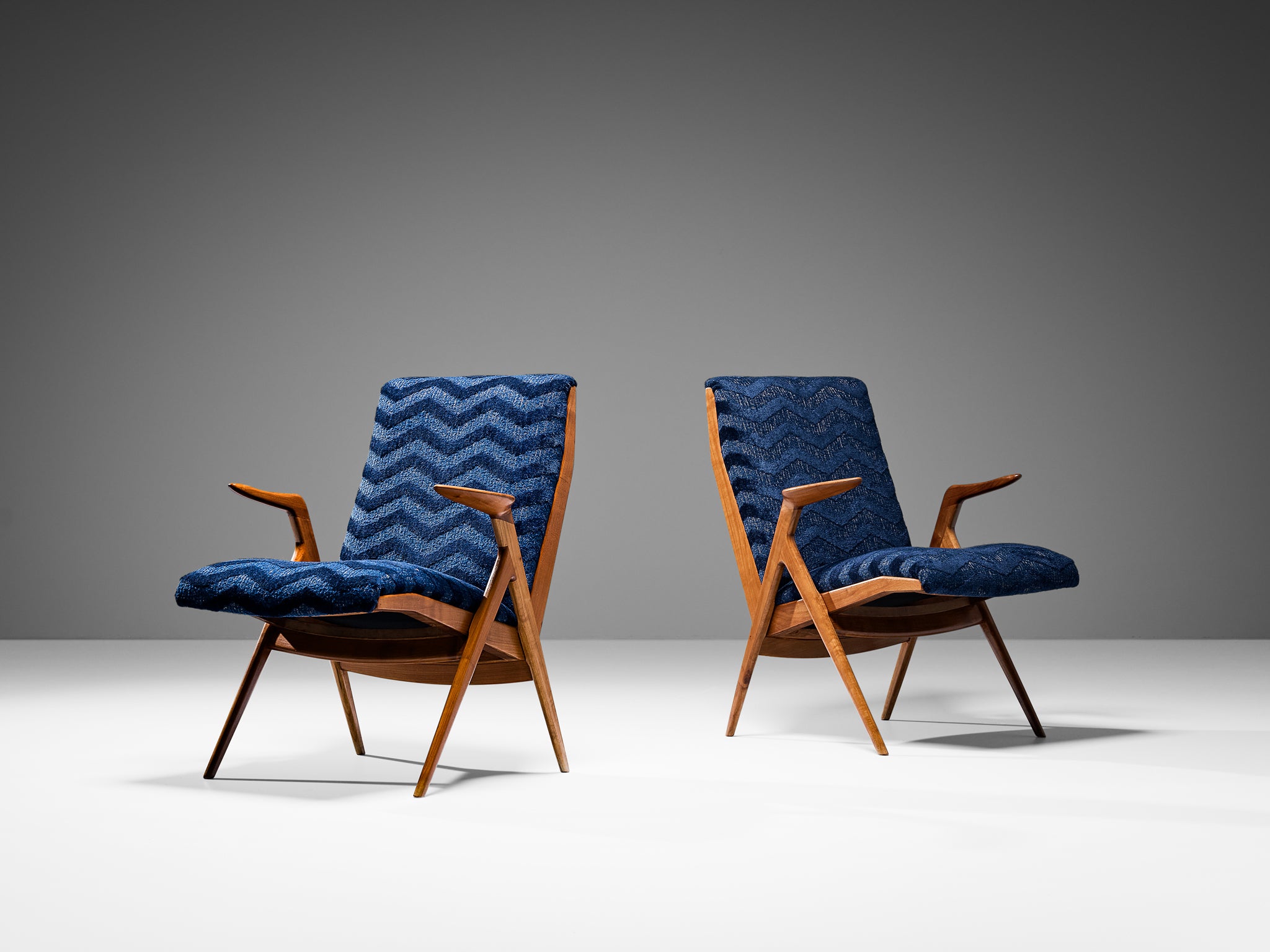 Taichiro Nakay Pair of Reupholstered Blue Armchairs in Cherry