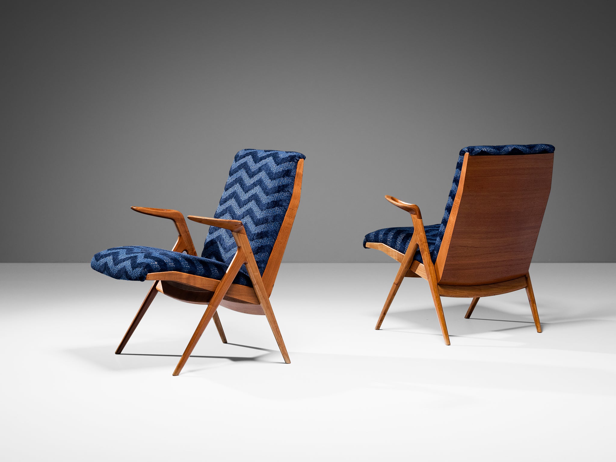 Taichiro Nakay Pair of Reupholstered Blue Armchairs in Cherry