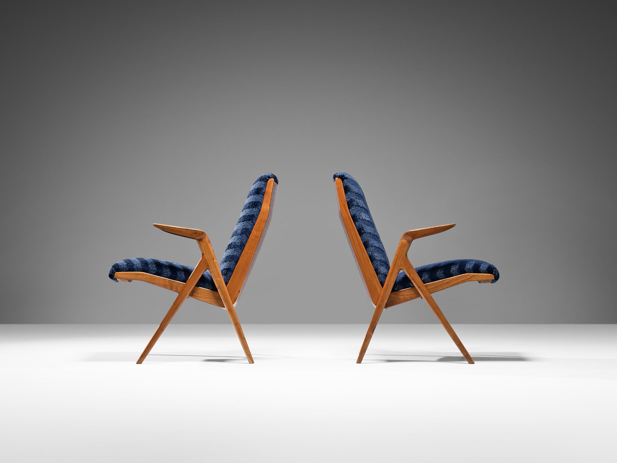 Taichiro Nakay Pair of Reupholstered Blue Armchairs in Cherry