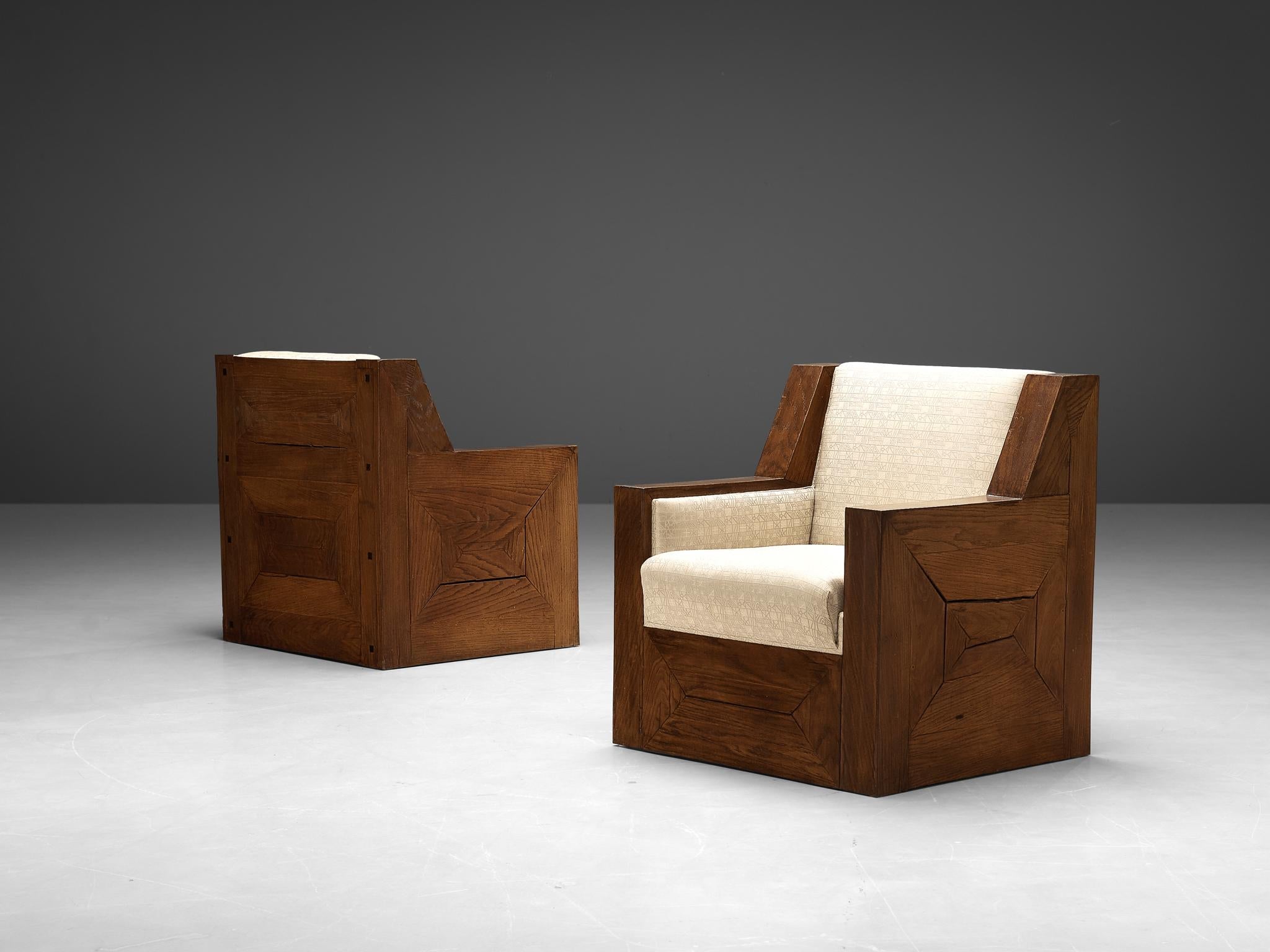 Pair of Art Deco Club Chairs in Pine and Off-White Upholstery