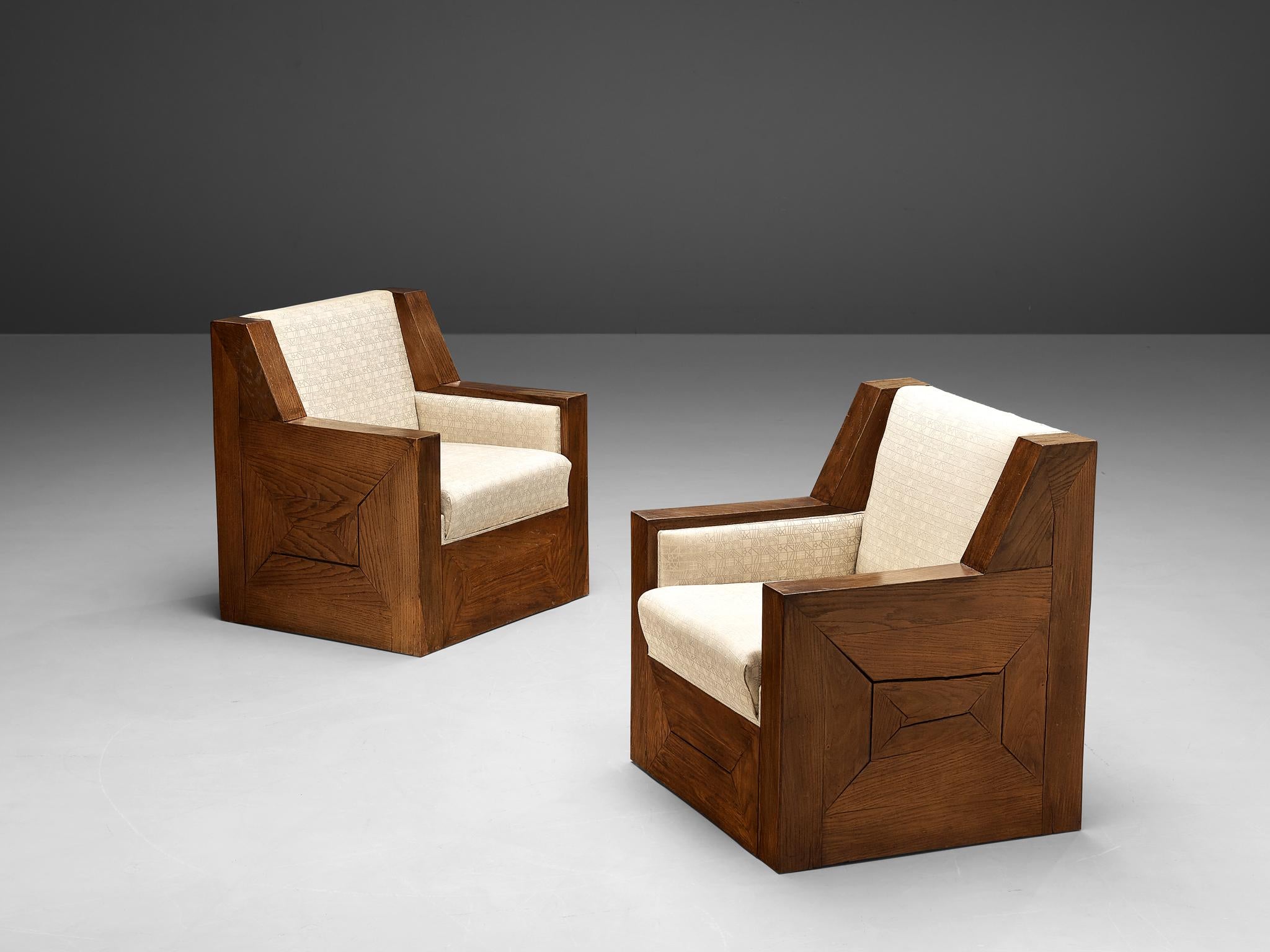 Pair of Art Deco Club Chairs in Pine and Off-White Upholstery