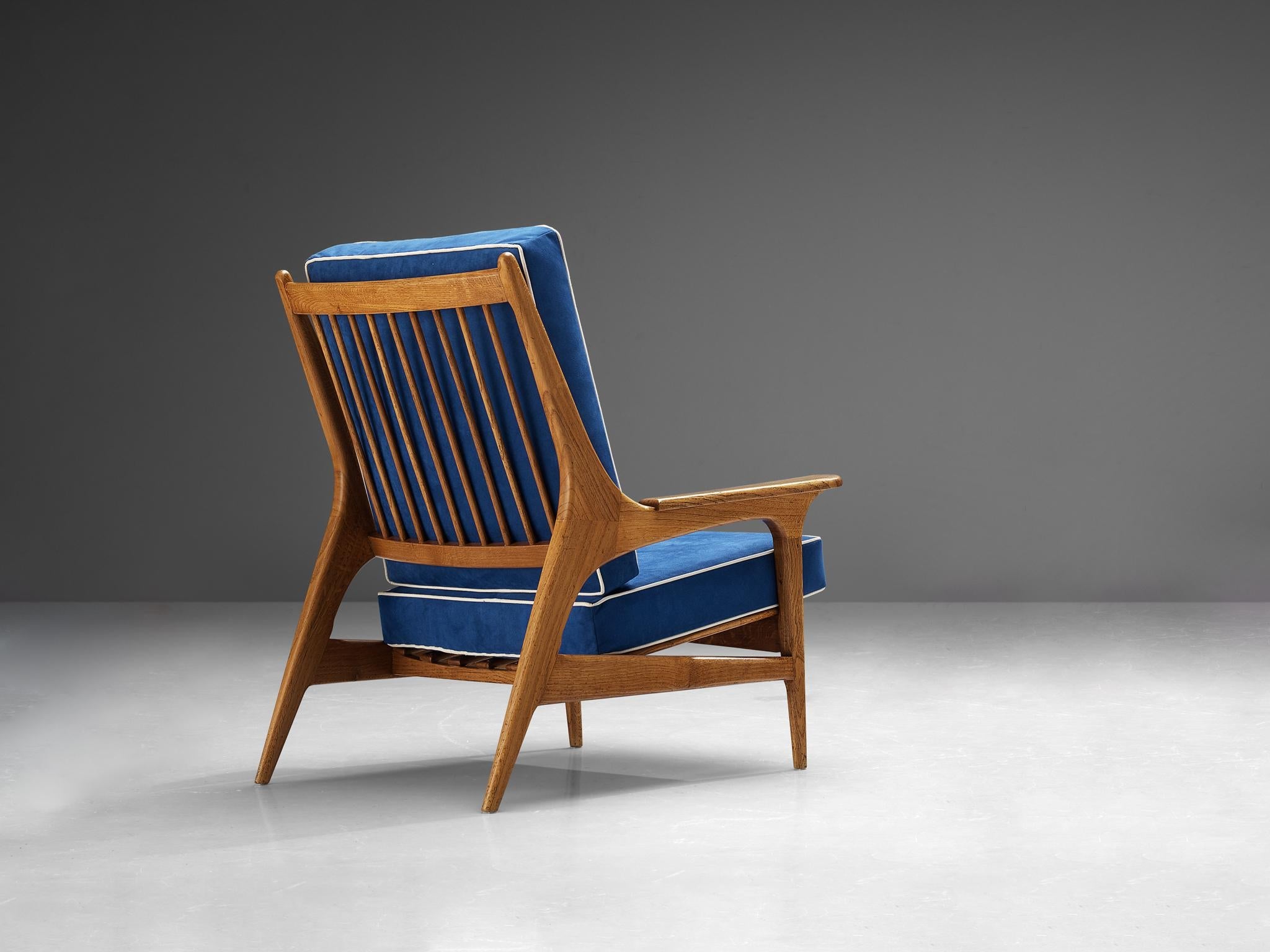 Eccentric Italian Lounge Chair in Oak and Blue Upholstery