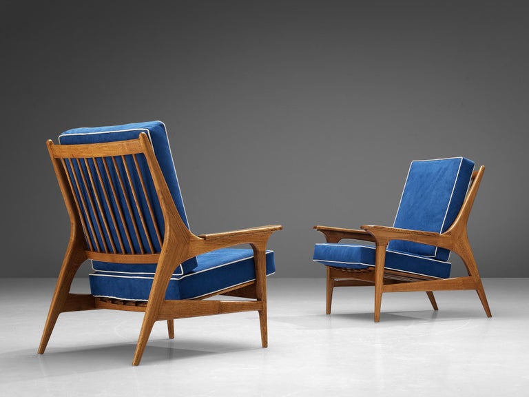 Eccentric Pair of Italian Lounge Chairs in Oak and Blue Upholstery