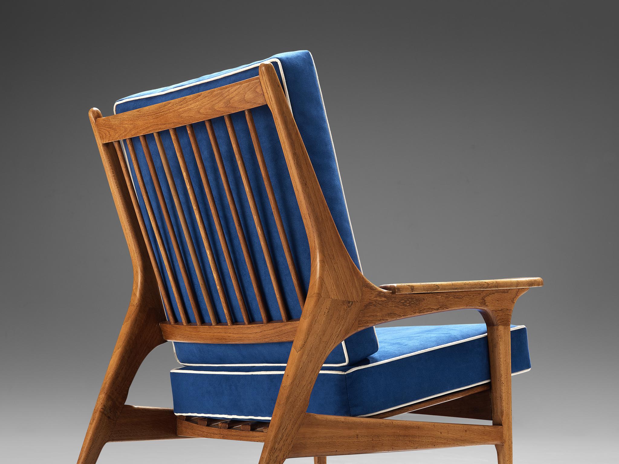 Eccentric Italian Lounge Chair in Oak and Blue Upholstery