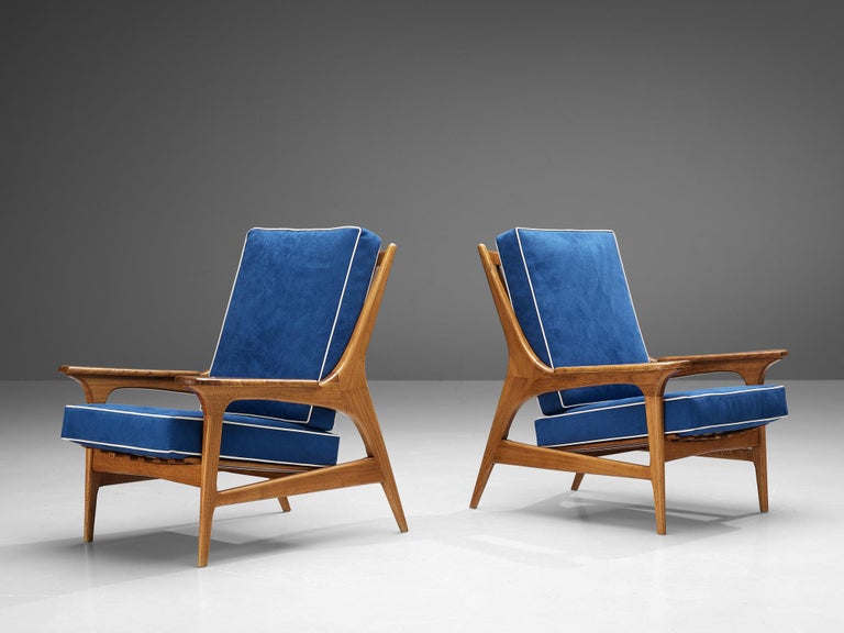 Eccentric Pair of Italian Lounge Chairs in Oak and Blue Upholstery