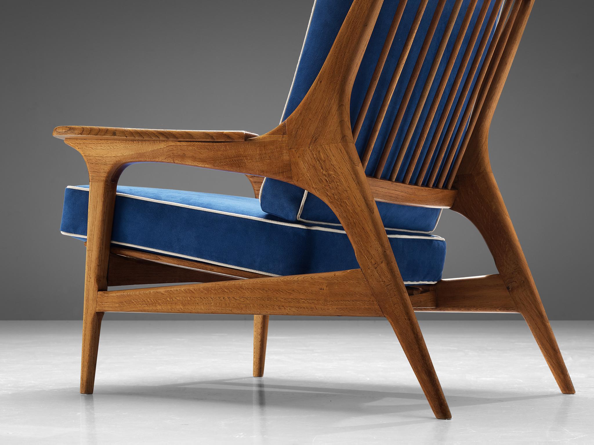 Eccentric Italian Lounge Chair in Oak and Blue Upholstery