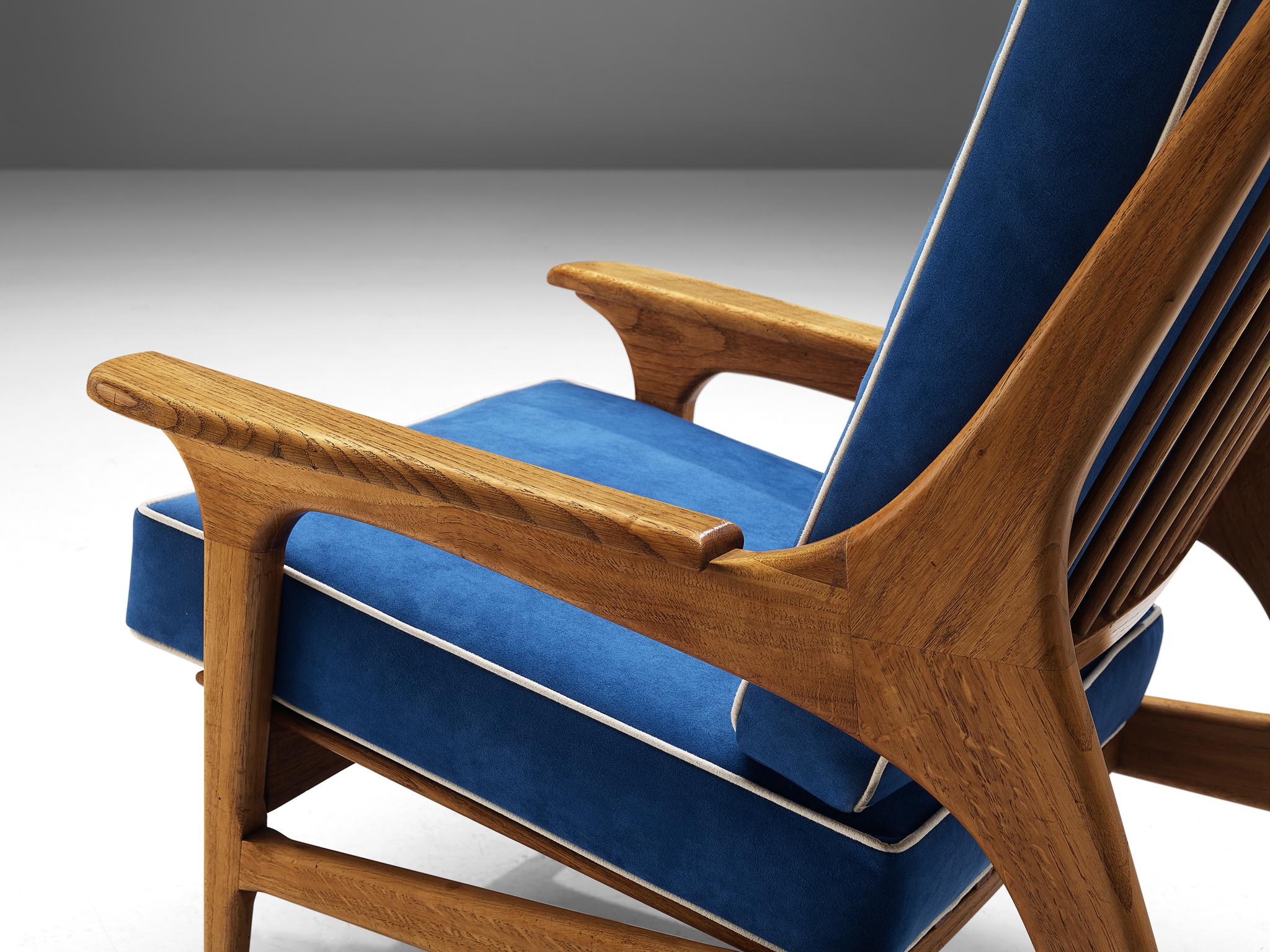 Eccentric Italian Lounge Chair in Oak and Blue Upholstery