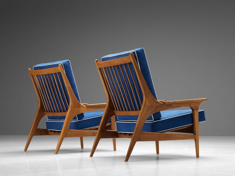 Eccentric Pair of Italian Lounge Chairs in Oak and Blue Upholstery