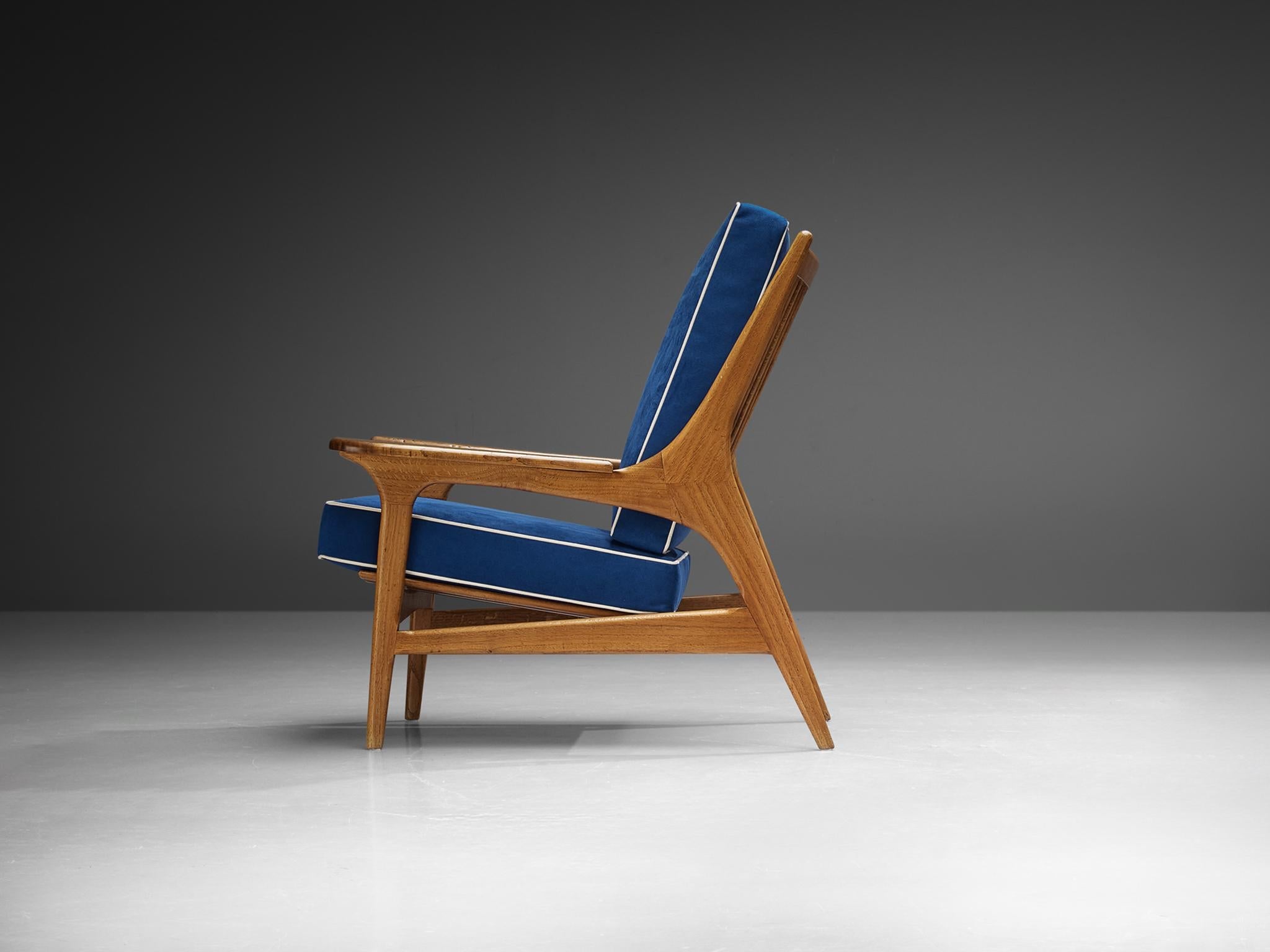 Eccentric Italian Lounge Chair in Oak and Blue Upholstery