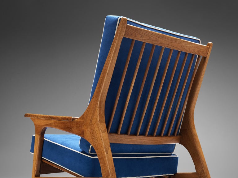 Eccentric Pair of Italian Lounge Chairs in Oak and Blue Upholstery