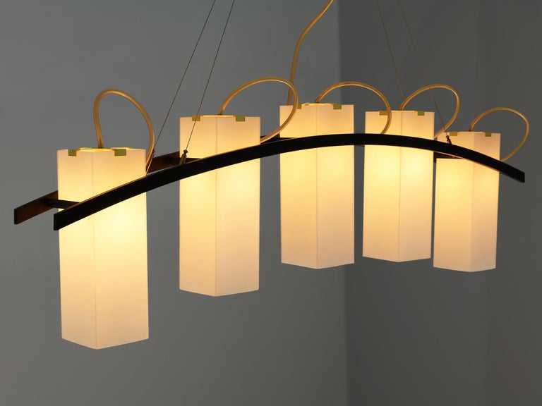 Angelo Lelii for Arredoluce Chandelier '12701' in Brass and Opaline Glass