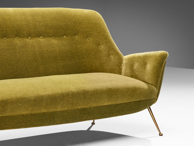 1950s Mid-Century Modern Italian Sofa in Moss Green Velvet and Brass