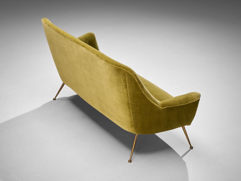 1950s Mid-Century Modern Italian Sofa in Moss Green Velvet and Brass