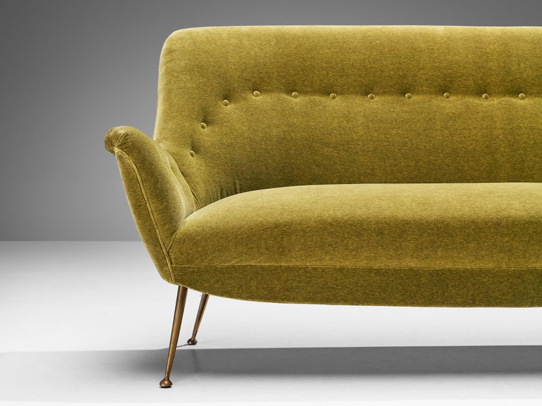 1950s Mid-Century Modern Italian Sofa in Moss Green Velvet and Brass