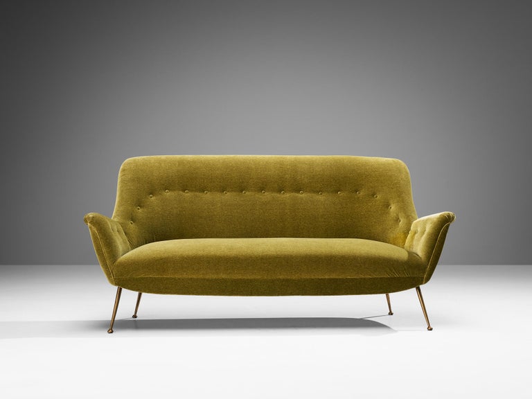 1950s Mid-Century Modern Italian Sofa in Moss Green Velvet and Brass