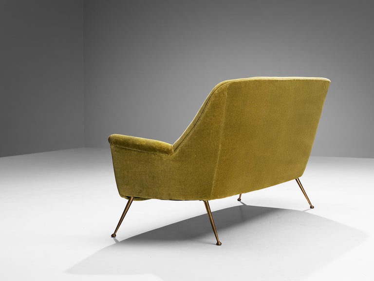 1950s Mid-Century Modern Italian Sofa in Moss Green Velvet and Brass