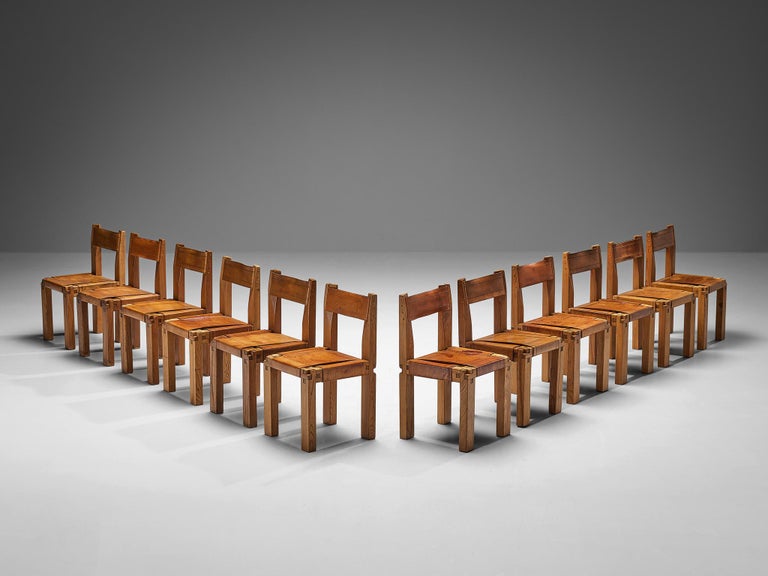 Early Pierre Chapo Set of Twelve S11 Dining Chairs in Elm & Cognac Leather