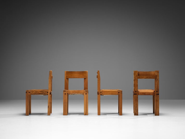 Early Pierre Chapo Set of Twelve S11 Dining Chairs in Elm & Cognac Leather