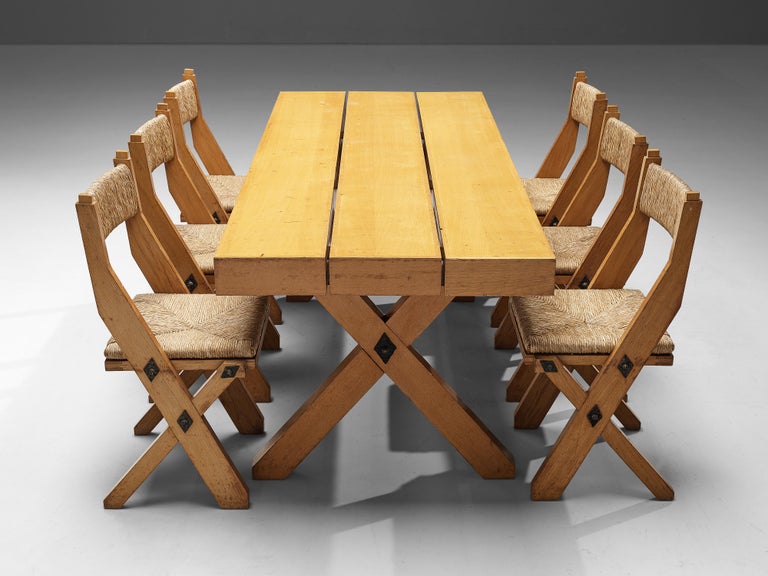 Rustic Italian Oak Cross-Legged Dining Table with Metal